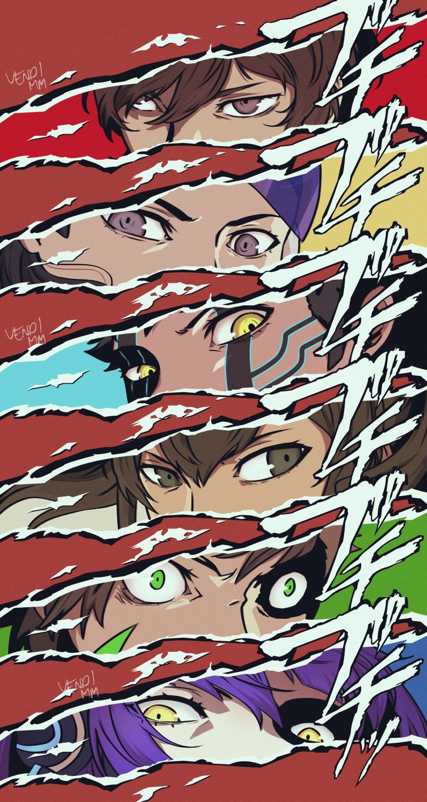 absurdres androgynous black_hair crossover demi-fiend eyelashes flynn_(megami_tensei) highres long_hair looking_at_viewer male_focus megami_tensei multiple_boys nanashi_(megami_tensei) persona persona_eyes protagonist_(smtv) shin_megami_tensei shin_megami_tensei_i shin_megami_tensei_ii shin_megami_tensei_iii:_nocturne shin_megami_tensei_iv shin_megami_tensei_iv_final shin_megami_tensei_v short_hair simple_background smile tattoo vendi_mm yellow_eyes
