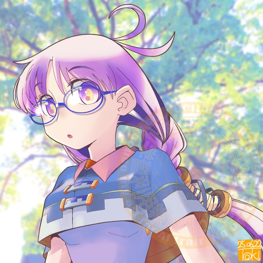 1girl antenna_hair artist_logo blue-framed_eyewear blue_capelet blurry blurry_background capelet dated glasses hashtag-only_commentary highres logo long_hair looking_at_viewer original outdoors purple_eyes purple_hair solo toki_tencho tree