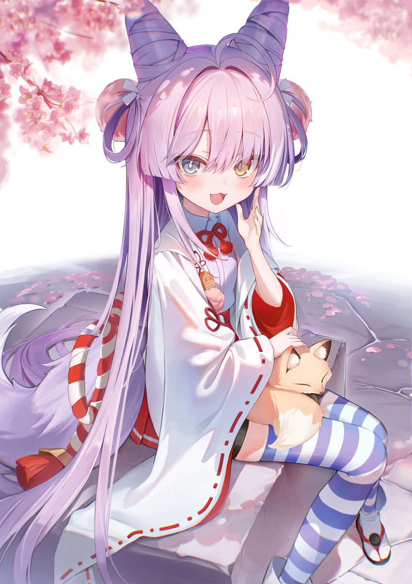 1girl absurdres blue_eyes blue_thighhighs cone_hair_bun double_bun fox hair_bun heterochromia highres horizontal-striped_thighhighs japanese_clothes long_hair looking_at_viewer miko mint_(psmin30) nontraditional_miko purple_hair simple_background sitting skirt stellive striped_clothes striped_thighhighs tenko_shibuki thighhighs yellow_eyes