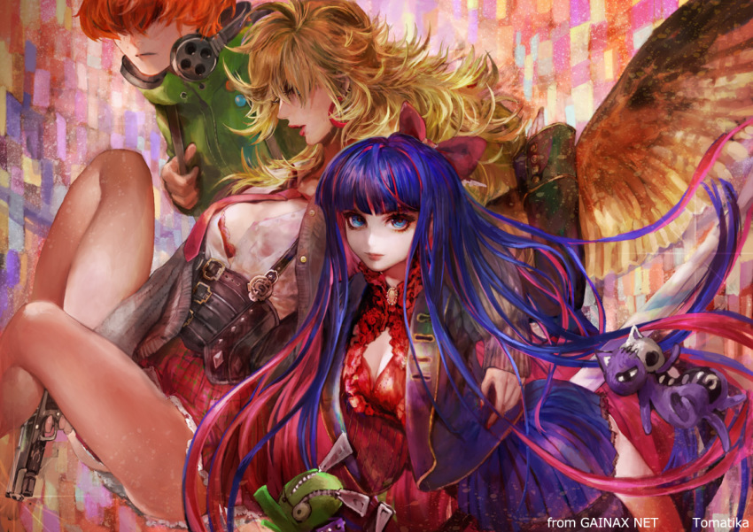 10s 1boy 2girls blonde_hair blue_eyes bow brief_(psg) chuck_(psg) gainaxtop gun hair_bow headphones honekoneko_(psg) multicolored_hair multiple_girls official_art orange_hair panty_&amp;_stocking_with_garterbelt panty_(psg) siblings sisters stocking_(psg) tomatika two-tone_hair weapon