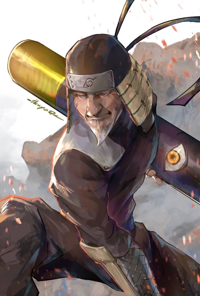 1boy absurdres armor closed_mouth embers facial_hair fishnets half-closed_eyes helmet highres holding holding_weapon ikuyoan male_focus naruto_(classic) naruto_(series) old old_man one-eyed rock sarutobi_hiruzen signature smile solo staff vambraces weapon white_hair yellow_eyes