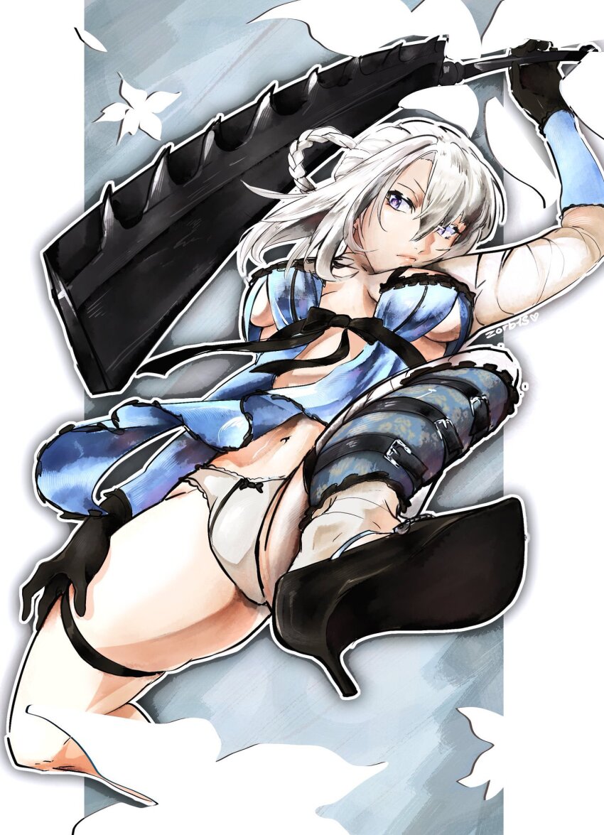 1girl bandaged_arm bandaged_leg bandages black_bow black_gloves black_shoes blue_dress blue_negligee bow braid braided_hair_rings breasts bulge center_opening chain_blades cleavage cleavage_cutout clothing_cutout dress floral_background gloves grey_hair hair_rings high_heels highres holding holding_sword holding_weapon jagged_sword kaine_(nier) lingerie long_hair lunar_tear navel negligee nier nier_(series) pink_lips purple_eyes revealing_clothes shin_strap shoes simple_background single_bare_shoulder skindentation solo sword thick_thighs thigh_strap thighs underboob underboob_cutout underwear weapon zorb11s