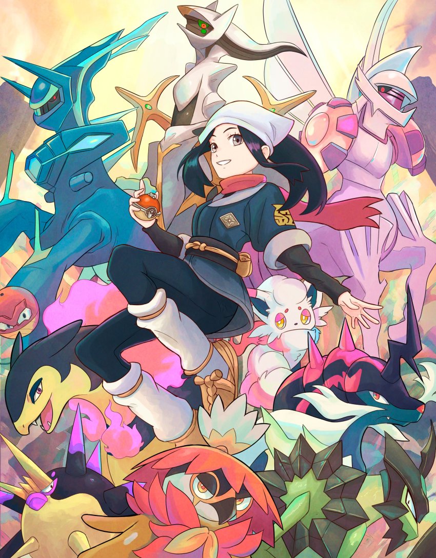 1girl absurdres akari_(pokemon) arceus black_hair dialga dialga_(origin) floating_scarf galaxy_expedition_team_survey_corps_uniform gen_4_pokemon headscarf highres hisuian_decidueye hisuian_samurott hisuian_typhlosion hisuian_voltorb hisuian_zorua kleavor legendary_pokemon looking_at_viewer loose_socks mythical_pokemon nintendo overqwil palkia palkia_(origin) pokemon pokemon_(creature) pokemon_legends:_arceus scarf smile socks truejekart white_headscarf