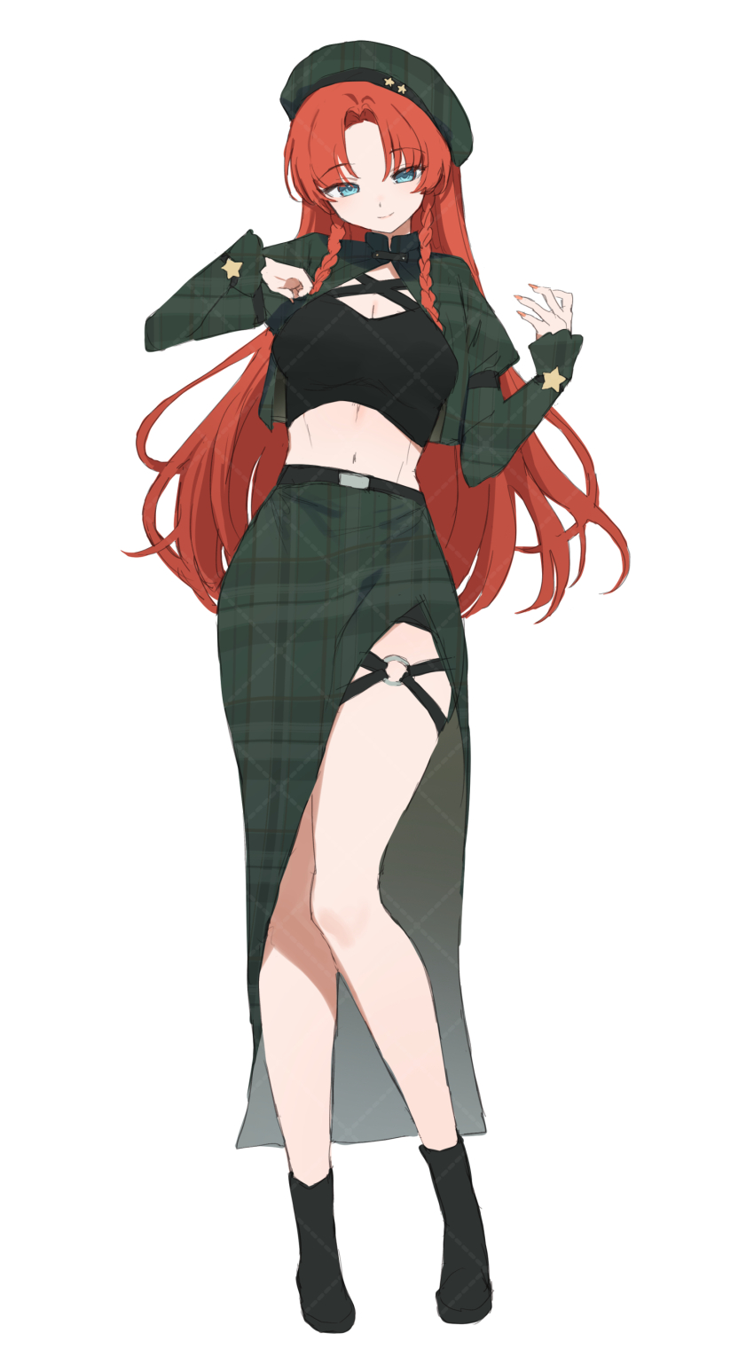 1girl absurdres beret black_boots black_tank_top blue_eyes boots braid breasts cleavage closed_mouth criss-cross_halter full_body green_hat green_shirt green_skirt halterneck hat highres hong_meiling long_hair looking_at_viewer navel o-ring o-ring_thigh_strap open_clothes open_shirt parted_bangs pink_nails plaid_clothes plaid_hat plaid_shirt red_hair sarukana shirt side_braids side_slit simple_background skirt smile solo standing stomach tank_top thigh_strap touhou very_long_hair watermark watermark_grid white_background