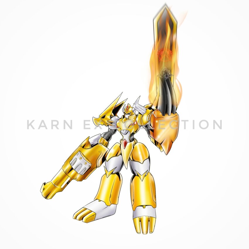 armor digimon digimon_xros_wars fusion gold_armor gun handgun highres omegashoutmon oridigi original revolver solo sword weapon weirdomonmaster zekegreymon