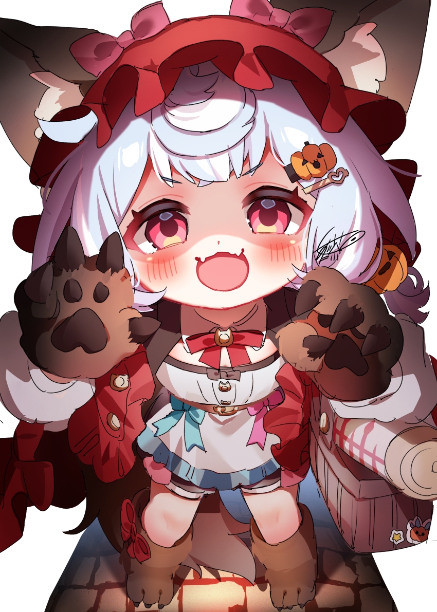 1girl :d absurdres animal_ear_fluff animal_ears animal_hands aqua_bow artist_name basket belt belt_buckle black_shorts blue_hair blush bow bowtie brooch brown_belt buckle buttons cape claw_pose claws collared_shirt commentary_request crossed_bangs fake_animal_ears fake_tail fangs food-themed_hair_ornament frilled_cape frilled_shirt frills genshin_impact gloves hair_between_eyes hair_ornament hairclip halloween halloween_costume hands_up hat highres holding holding_basket jewelry long_sleeves looking_at_viewer low_twintails meda_cha medium_hair mob_cap open_mouth paw_gloves paw_shoes pawpads pink_bow puffy_long_sleeves puffy_sleeves pumpkin_hair_ornament red_bow red_bowtie red_cape red_eyes red_hat shaded_face shirt short_shorts shorts sidelocks sigewinne_(genshin_impact) signature simple_background smile solo standing star_(symbol) sticker syringe tail twintails v-shaped_eyebrows white_background white_shirt wolf_ears wolf_girl wolf_tail