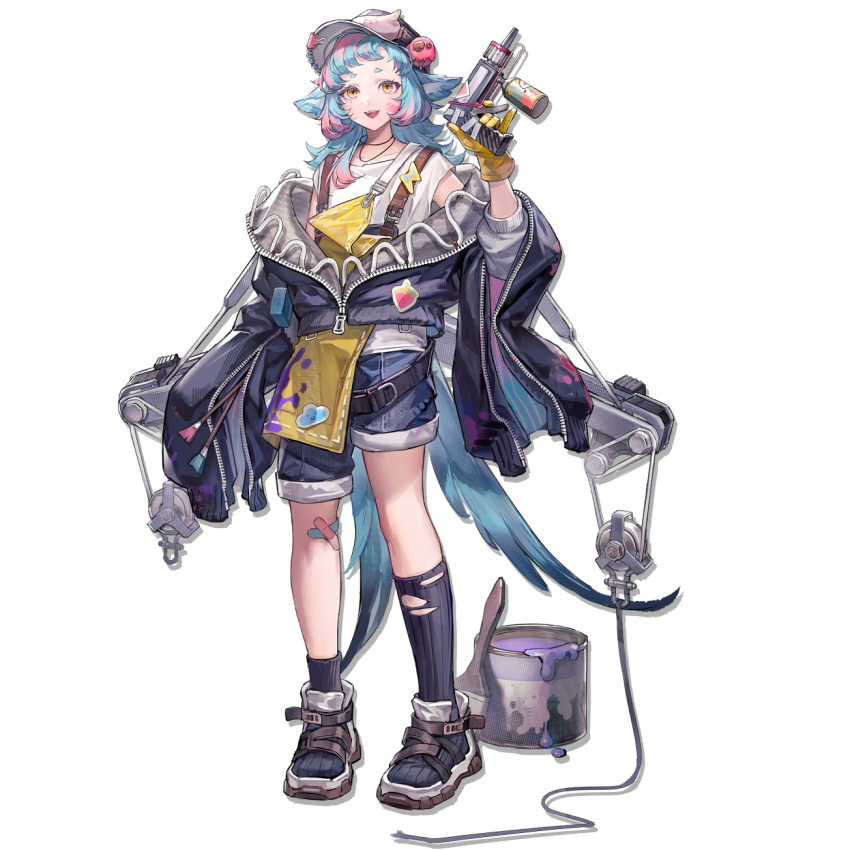 1girl animal_ears apron arknights asymmetrical_legwear bandaid bandaid_on_knee bandaid_on_leg baseball_cap belt binder_clip bird_ears bird_girl bird_tail black_belt blue_bandaid blue_hair blue_jacket blue_shorts blue_socks erkai full_body gloves hat highres holding holding_paintbrush jacket jewelry long_sleeves looking_at_viewer medium_hair mismatched_socks multicolored_hair necklace official_art oversized_jacket paint_can paint_on_body paint_on_clothes paintbrush pink_bandaid pink_hair pulley ribbed_socks sandals shirt shorts sidelocks simple_background sleeve_zipper sleeveless sleeveless_shirt smile socks solo standing stuffed_animal stuffed_bird stuffed_toy suspenders tachi-e tail teeth third-party_source tippi_(arknights) tongue torn_clothes torn_socks transparent_background two-tone_hair uneven_legwear upper_teeth_only white_sandals white_shirt wire yellow_apron yellow_eyes yellow_gloves