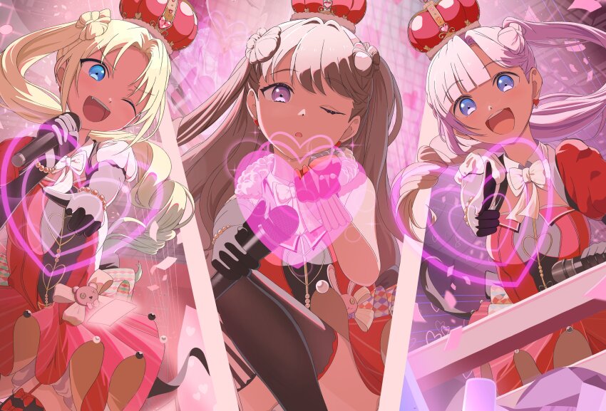 3girls :d ;d absurdres anyoji_hime aqua_hair arched_crown asymmetrical_gloves asymmetrical_sleeves bare_shoulders black_gloves black_thighhighs blonde_hair blowing_kiss blue_eyes blunt_bangs bow bow-shaped_hair bowtie brown_hair commentary_request cowboy_shot crown detached_collar dress drill_hair elbow_gloves fang feet_out_of_frame finger_gun floating_hair fujishima_megumi gloves gradient_hair hair_intakes heart highres holding holding_microphone link!_like!_love_live! long_hair looking_at_viewer love_live! microphone mira-cra_park! mismatched_gloves mismatched_sleeves mismatched_thighhighs morio_(mmorio_mu) multicolored_hair multiple_girls official_alternate_costume official_alternate_hairstyle one_eye_closed open_mouth osawa_rurino parted_bangs pink_background pink_hair pointing pointing_at_viewer puffy_short_sleeves puffy_sleeves purple_eyes red_crown red_dress red_gloves short_dress short_sleeves side_ponytail single_drill single_sidelock sleeveless sleeveless_dress smile squatting striped_clothes striped_thighhighs swept_bangs teeth thighhighs two_side_up uneven_gloves upper_teeth_only vertical-striped_clothes vertical-striped_thighhighs very_long_hair virtual_youtuber white_bow white_bowtie white_sleeves white_thighhighs zenhoi_kyun
