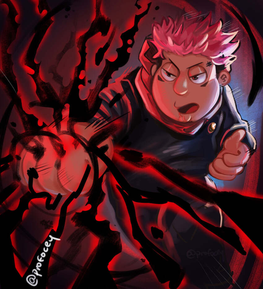 artist_name chris_griffin clenched_hand cosplay cursed_energy_(jujutsu_kaisen) facial_mark family_guy highres itadori_yuuji itadori_yuuji_(cosplay) jujutsu_kaisen jujutsu_tech_uniform male_focus open_mouth pink_hair profocey short_hair undercut very_short_hair