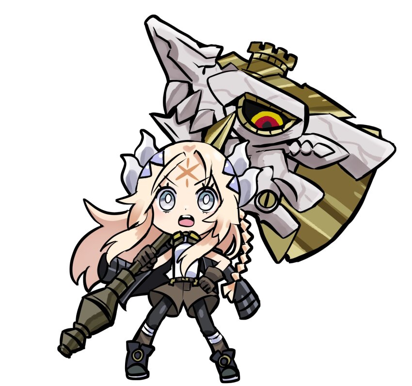 artist_name artist_request black_leggings blonde_hair boots braid chibi dogmatika_ecclesia_the_virtuous ecclesia_(yu-gi-oh!) giant_hammer gloves goggles goggles_around_neck hammer hands_on_own_hips highres horn_ornament horns incredible_ecclesia_the_virtuous leggings leggings_under_shorts long_hair looking_at_viewer over_shoulder short_pants thick_thighs thighhighs thighs weapon weapon_over_shoulder white_eyes yu-gi-oh!