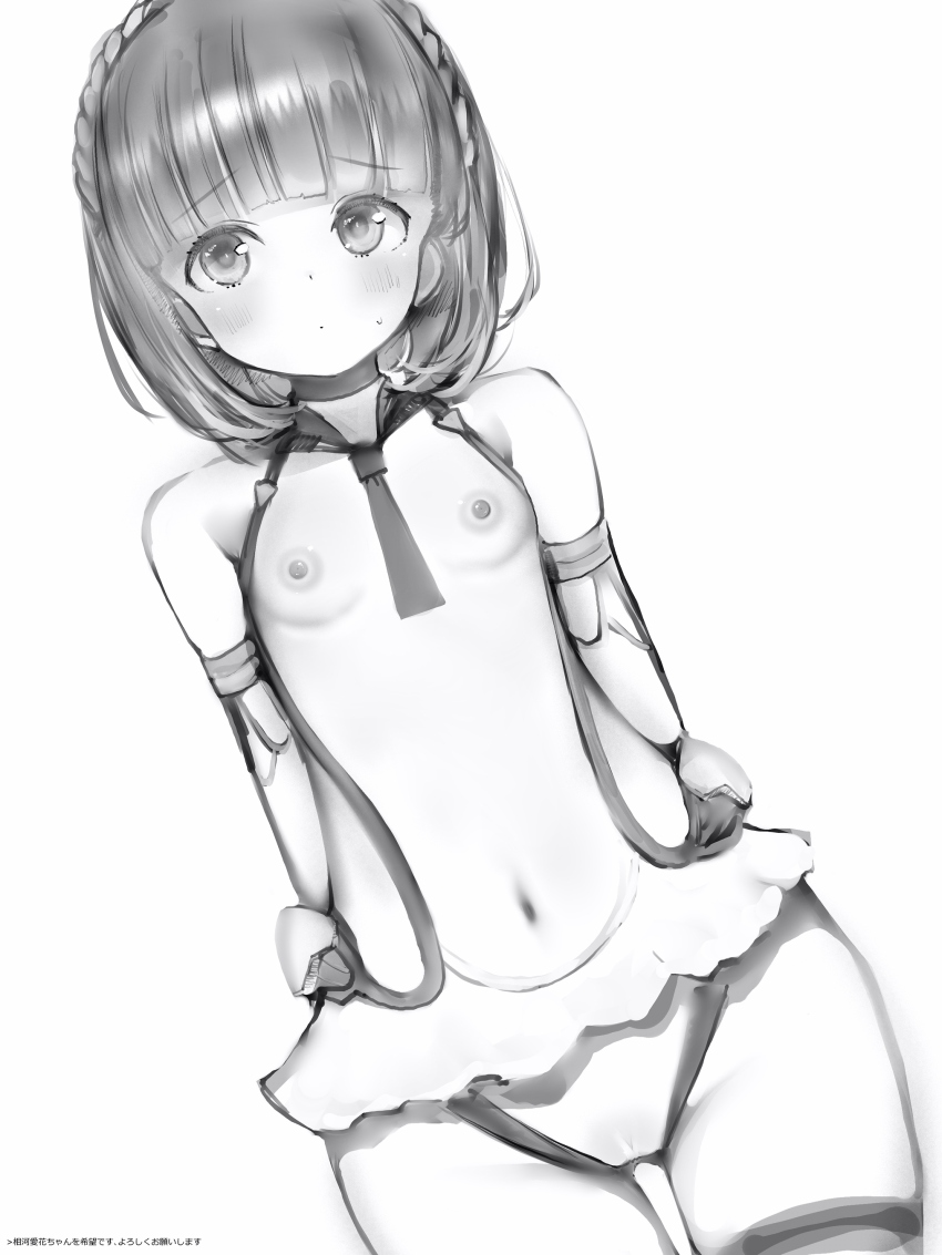 1girl absurdres aikawa_aika alice_gear_aegis arms_behind_back bare_shoulders between_breasts blunt_bangs blush braid breasts closed_mouth cowboy_shot crown_braid dot_mouth dot_nose greyscale highres looking_at_viewer monochrome nanashi_(nlo) necktie necktie_between_breasts nipples open_clothes short_hair short_necktie simple_background small_breasts solo thigh_gap translated
