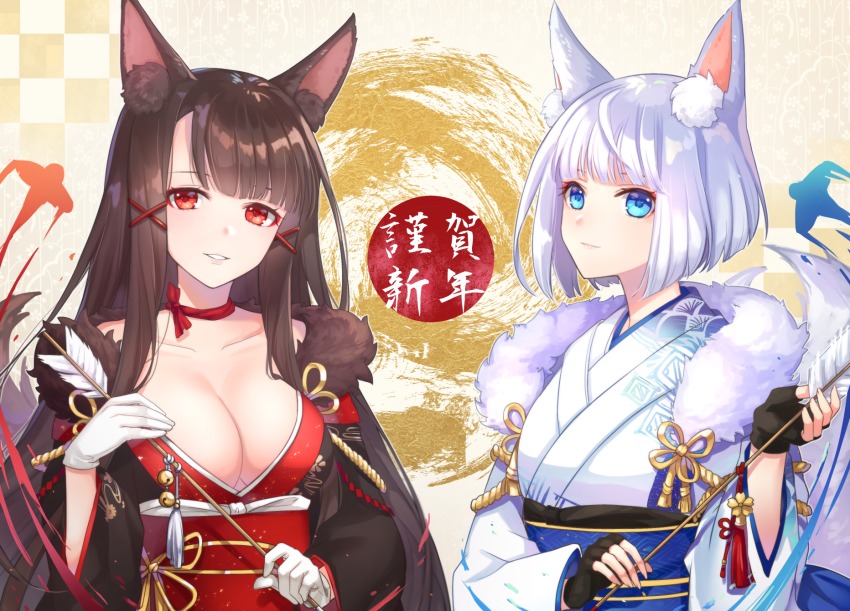 2girls akagi_(azur_lane) akagi_(plum_and_snow)_(azur_lane) animal_ears arrow_(projectile) azur_lane black_gloves bob_cut breasts brown_hair cleavage closed_mouth commentary_request fingerless_gloves fox_ears gloves highres japanese_clothes kaga_(azur_lane) kaga_(white_fox&#039;s_new_year)_(azur_lane) kon_(k0n16) large_breasts long_hair looking_at_viewer multiple_girls red_eyes short_hair smile white_gloves white_hair