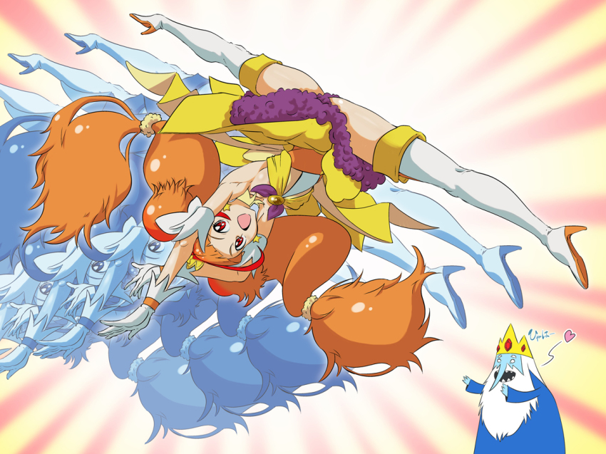 1boy 1girl adventure_time afterimage amanogawa_kirara bare_shoulders boots choker crossover cure_twinkle dress earrings female_focus full_body gloves go!_princess_precure gradient_background ice_king jewelry long_hair magical_girl multicolored_hair orange_hair precure purple_eyes shimotsuki_juugo smile solo spinning_bird_kick split spread_legs star_(symbol) star_earrings twintails two-tone_hair
