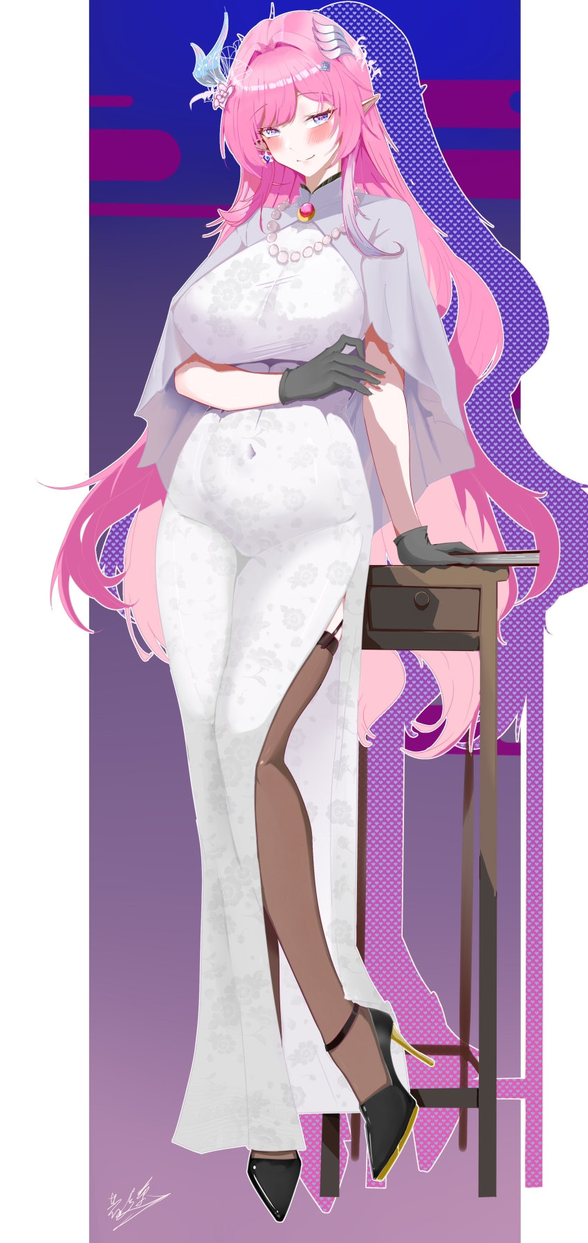 1girl absurdres black_gloves black_thighhighs book border breasts commentary_request covered_navel cyrene_(honkai:_star_rail) cyrene_(ripples_of_past_reverie)_(honkai:_star_rail) desk dress earrings evening_gown flower full_body gloves hair_flower hair_ornament high_heels highres honkai:_star_rail honkai_(series) jewelry jianjia_(pixiv65586691) large_breasts long_hair looking_at_viewer pink_hair pointy_ears purple_background purple_eyes shadow smile solo thighhighs very_long_hair white_border