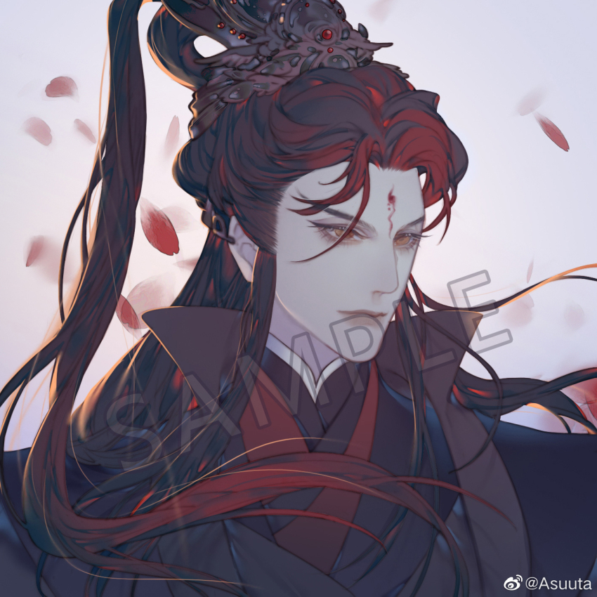 1boy armor asuuta brown_hair chinese_clothes chinese_commentary closed_mouth commentary_request commission crown expressionless eyelashes facial_mark floating_hair forehead forehead_mark gold_crown gradient_hair hair_rings hanfu high_collar high_ponytail highres long_hair looking_ahead male_focus multicolored_hair orange_eyes original pale_skin petals ponytail red_hair red_hanfu sample_watermark solo thick_eyebrows thick_lips upper_body watermark weibo_watermark white_background