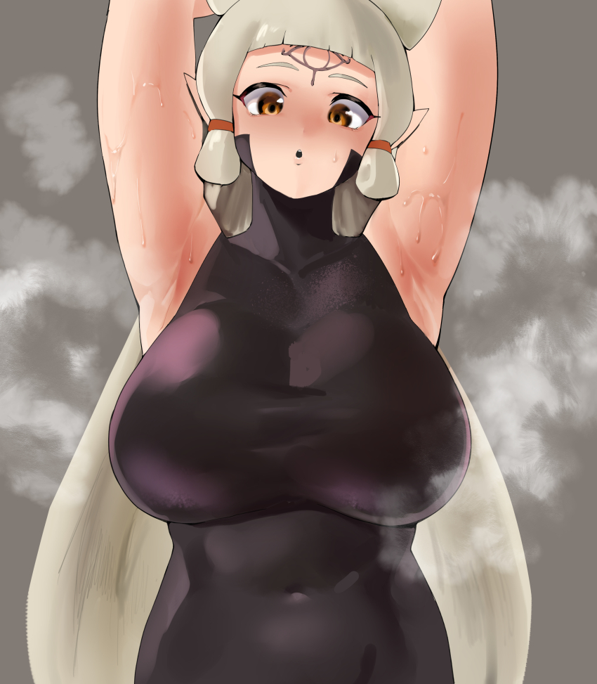1girl absurdres armpits arms_up black_bodysuit bodysuit breasts covered_navel eye_symbol forehead_tattoo grey_background highres impa large_breasts long_hair looking_at_viewer looking_down nintendo open_mouth pointy_ears simple_background sleeveless solo steam steaming_body sweat the_legend_of_zelda upper_body very_long_hair white_hair yotamono