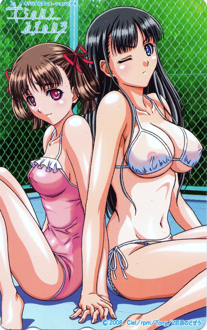 2girls absurdres bikini breasts casual_one-piece_swimsuit hairdressing highres large_breasts medium_breasts mizushima_asa multiple_girls one-piece_swimsuit pink_one-piece_swimsuit see-through_bikini see-through_clothes sora_no_iro_mizu_no_iro sorayama_natsume swimsuit white_bikini
