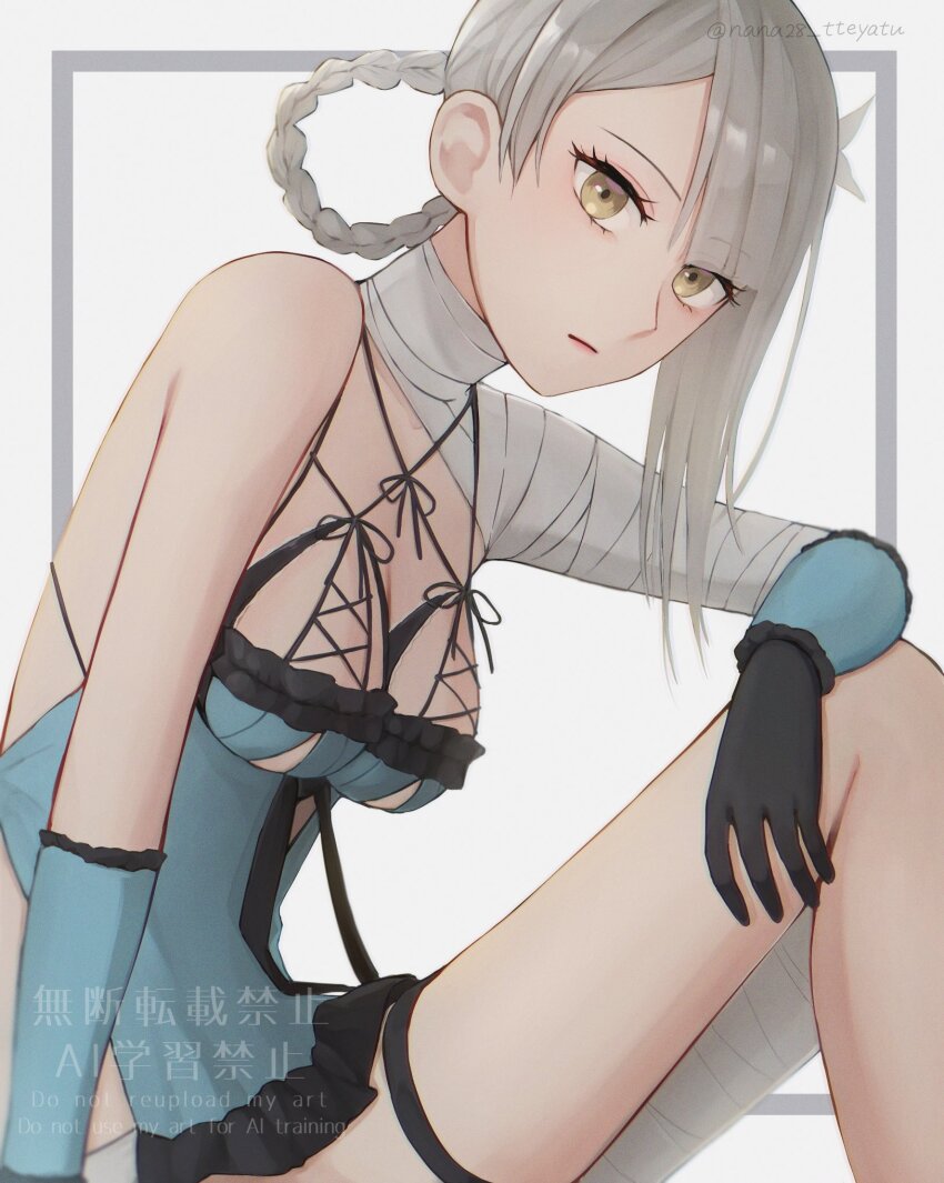 1girl asymmetrical_bangs bandaged_arm bandaged_neck bandages black_gloves braid braided_hair_rings breasts closed_mouth commentary_request expressionless eyelashes gloves grey_hair hair_rings highres kaine_(nier) large_breasts lingerie long_hair looking_at_viewer nana28_tteyatu_(nanakusagayu_28) negligee nier nier_(series) parted_bangs simple_background sitting solo underwear watermark white_background yellow_eyes