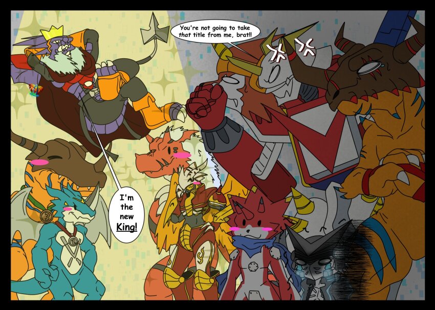 angry appmon arresterdramon betelgammamon claws crown digimon digimon_(creature) dogatchmon geogreymon greymon growmon highres horns long_hair meme shoutmon_x4 sitting tail vritramon white_hair wings xv-mon