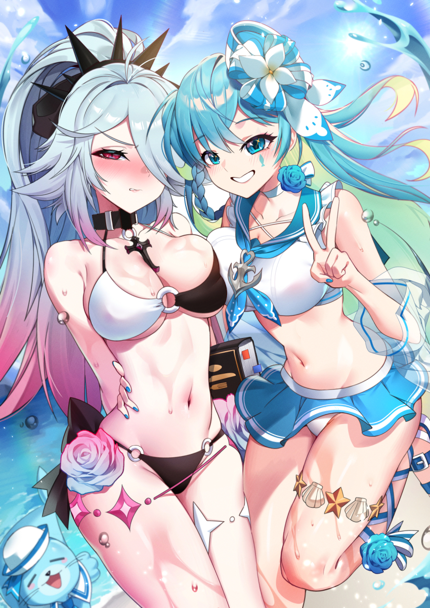 2girls arms_behind_back bare_shoulders bikini bikini_under_clothes black_bikini black_choker black_survival blue_eyes blue_flower blue_hair blue_neckerchief blue_sailor_collar blue_skirt blush breasts chakkab chiara_(black_survival) choker cleavage clenched_teeth colored_inner_hair commentary crop_top cross cross_choker embarrassed emma_hardy eternal_return:_black_survival flower gradient_hair grin hair_flower hair_ornament hair_over_one_eye halterneck hand_on_another&#039;s_waist hand_up hat high_ponytail highres jacket large_breasts midriff miniskirt multicolored_bikini multicolored_hair multiple_girls navel neckerchief o-ring o-ring_bikini off_shoulder official_alternate_costume pink_hair pleated_skirt ponytail red_eyes rose sailor_collar see-through_clothes see-through_jacket shirt skirt sleeveless sleeveless_shirt smile stomach string_bikini swimsuit teeth thighs two-tone_bikini two-tone_hair v wet white_bikini white_choker white_hair white_shirt
