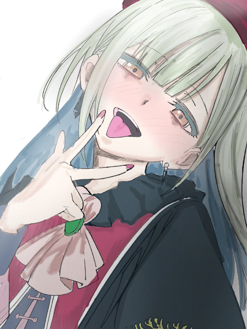 1girl ascot bags_under_eyes bang_dream! bang_dream!_it&#039;s_mygo!!!!! beret black_capelet blunt_bangs capelet close-up earrings gem green_brooch green_gemstone green_hair grin hat head_tilt highres jewelry long_hair mortis_(bang_dream!) mortis_(costume)_(bang_dream!) mortis_(persona)_(bang_dream!) red_hat red_nails red_shirt red_vest shirt sidelocks simple_background smile solo tongue tongue_out v vest wakaba_mutsumi white_ascot white_background wtsino yellow_eyes