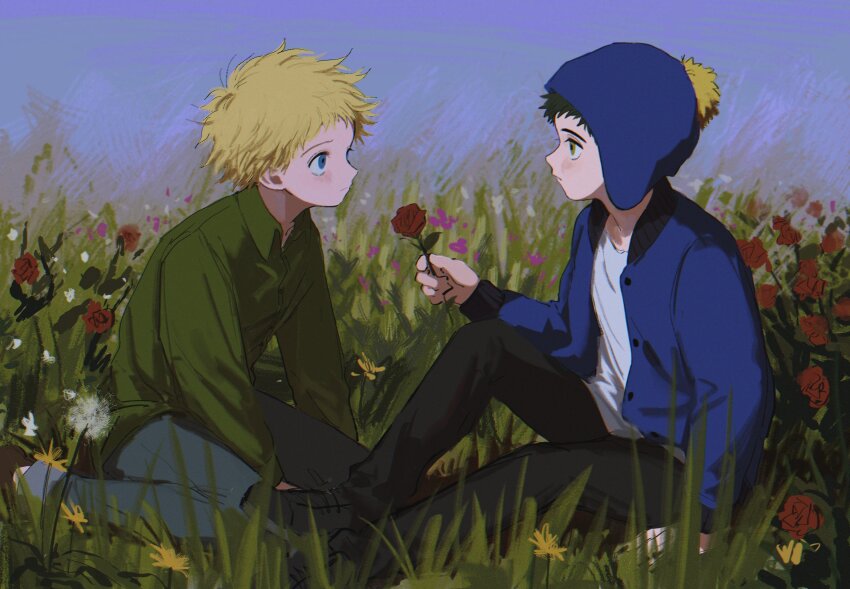 2boys animification black_hair black_pants blonde_hair blue_eyes blue_hat blue_jacket blue_pants blue_sky blush chullo chunai_tuju craig_tucker flower grass green_eyes green_shirt hat highres holding holding_flower jacket looking_at_another male_focus multiple_boys on_grass open_clothes open_jacket outdoors pants red_flower red_rose rose shirt short_hair sitting sky south_park tweek_tweak white_shirt