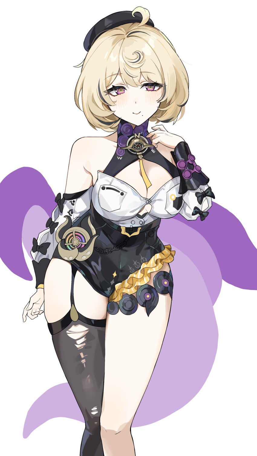 1girl absurdres asymmetrical_shorts bare_shoulders beret black_bow black_hat black_shorts black_thighhighs blonde_hair blush bow button_gap closed_mouth commentary cowboy_shot cowlick detached_sleeves garter_straps hand_up hat high-waist_shorts highres looking_at_viewer mole mole_under_mouth purple_eyes shirt short_hair shorts simple_background single_garter_strap single_thighhigh smile solo symbol-only_commentary tentacle_girl tentacle_tail tentacles thighhighs torn_clothes torn_thighhighs umiinu_(umi_inu11) white_background white_shirt white_sleeves yidhari_murphy zenless_zone_zero