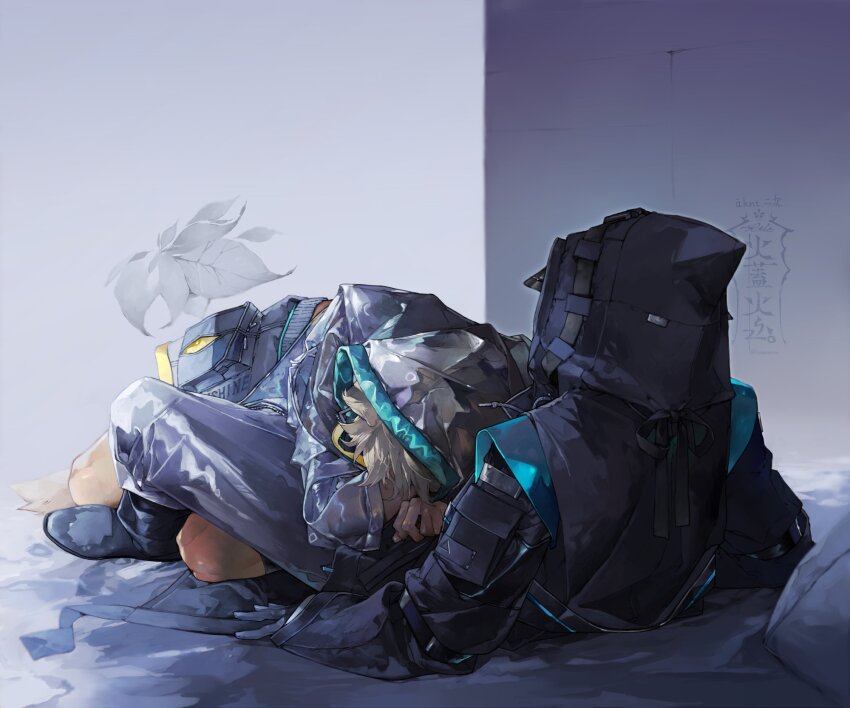 1boy 1other animal_ears arknights arm_support black_ribbon coat doctor_(arknights) dog_ears full_body grey_hair grey_pants highres hood hood_up hug kazanniro long_sleeves other_with_male pants pillow ribbon short_sleeves tequila_(arknights)