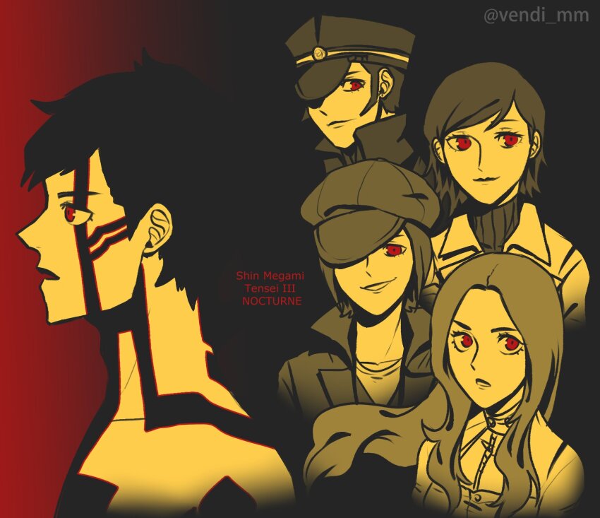 2girls 3boys black_background body_markings cabbie_hat demi-fiend devil_summoner:_raidou_kuzunoha_vs_the_soulless_army devil_summoner_(series) english_text from_side gradient_background hat hat_over_one_eye highres kuzunoha_raidou long_hair looking_at_viewer multiple_boys multiple_girls nitta_isamu peaked_cap red_background red_eyes shin_megami_tensei shin_megami_tensei_iii:_nocturne short_hair sideburns simple_background tachibana_chiaki_(megami_tensei) takao_yuko vendi_mm
