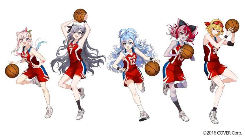 5girls :d airani_iofifteen ball basketball basketball_(object) basketball_jersey basketball_uniform blonde_hair blue_eyes blue_hair bow bow_hairband braid braided_bangs breasts closed_mouth colored_skin colored_tips colored_tongue commentary cone_hair_bun copyright_notice diamond-shaped_pupils diamond_(shape) double-parted_bangs double_bun english_commentary eyewear_on_head full_body gradient_eyes gradient_hair green_eyes grey_hair grey_skin hair_bow hair_bun hair_ribbon hairband heterochromia highres holding holding_ball hololive hololive_indonesia kaela_kovalskia kobo_kanaeru kureiji_ollie long_hair medium_breasts medium_hair mismatched_pupils multicolored_eyes multicolored_hair multiple_girls official_art open_mouth palette_hair_ornament patchwork_skin pink_hair purple_eyes purple_tongue red-tinted_eyewear red_bow red_eyes red_hair red_shorts ribbon sakon04 shoes shorts side_ponytail side_up_bun simple_background smile sneakers socks sportswear stitched_arm stitched_face stitched_leg stitches sunglasses sweatband symbol-shaped_pupils tinted_eyewear two-tone_hair two_side_up very_long_hair vestia_zeta virtual_youtuber wavy_hair white_background white_hair white_shoes white_socks x-shaped_pupils yellow_eyes zombie