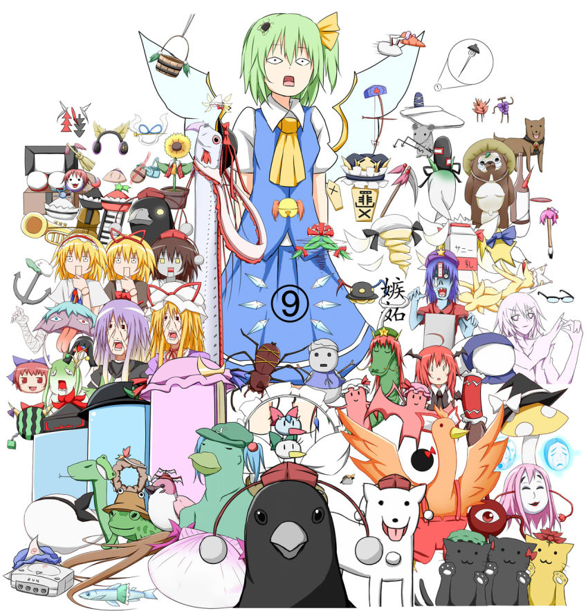 6+girls absolutely_everyone aki_minoriko aki_shizuha alice_margatroid anchor annotated arrow_(symbol) bad_id bad_nicoseiga_id bandaged_arm bandages bat_wings bird blonde_hair book bottle bow bow_(weapon) branch breast_padding broom bucket bug calligraphy_brush carrot cat chen chen_(cat) circled_9 cirno cutting_board daiyousei dog doll_joints everyone ex-keine fish flandre_scarlet flandre_scarlet_(bat) flower food frog fruit fujiwara_no_mokou fujiwara_no_mokou_(phoenix) futatsuiwa_mamizou futatsuiwa_mamizou_(tanuki) futon game_console giant giantess glasses grapes hair_bobbles hair_ornament hair_ribbon hakurei_reimu hat hata_no_kokoro hata_no_kokoro_(mask) head_wings hieda_no_akyuu highres hijiri_byakuren himekaidou_hatate hinanawi_tenshi hong_meiling hong_meiling_(dragon) horikawa_raiko hoshiguma_yuugi houjuu_nue houraisan_kaguya ibaraki_kasen ibuki_suika ibuki_suika_(watermelon) imaizumi_kagerou imaizumi_kagerou_(wolf) inaba_tewi instrument inubashiri_momiji inubashiri_momiji_(wolf) izayoi_sakuya jeweled_branch_of_hourai joints kaenbyou_rin kaenbyou_rin_(cat) kagiyama_hina kaku_seiga kamishirasawa_keine karamoneeze kasodani_kyouko kawashiro_nitori kawashiro_nitori_(kappa) kazami_yuuka keyboard_(instrument) kijin_seija kirisame_marisa kisume koakuma kochiya_sanae komeiji_koishi komeiji_koishi_(rock) komeiji_satori konpaku_youmu konpaku_youmu_(ghost) kumoi_ichirin kurodani_yamame kurodani_yamame_(spider) leaf letty_whiterock lily_white luna_child lunasa_prismriver lyrica_prismriver maid_headdress mask medicine_melancholy merlin_prismriver milk_carton miyako_yoshika mizuhashi_parsee mononobe_no_futo morichika_rinnosuke moriya_suwako moriya_suwako_(frog) motoori_kosuzu mouse_(animal) multiple_girls murasa_minamitsu mushroom mystia_lorelei mystia_lorelei_(bird) nagae_iku nagae_iku_(fish) nazrin nazrin_(mouse) needle noh_mask oarfish objectification onozuka_komachi overalls paintbrush patchouli_knowledge patchouli_knowledge_(book) phoenix plant potted_plant reisen_udongein_inaba reiuji_utsuho reiuji_utsuho_(bird) remilia_scarlet remilia_scarlet_(bat) ribbon rod_of_remorse rumia rumia_(darkness) saigyouji_yuyuko sake_bottle scythe sega_dreamcast sekibanki shameimaru_aya shameimaru_aya_(crow) shiki_eiki snake snowman soga_no_tojiko soga_no_tojiko_(radish) spider star_sapphire sukuna_shinmyoumaru sukuna_shinmyoumaru_(needle) sukuna_shinmyoumaru_(object) sunflower sunny_milk tanuki tatara_kogasa tatara_kogasa_(umbrella) tokiko_(touhou) tongue toramaru_shou touhou toyosatomimi_no_miko trumpet tsukumo_benben tsukumo_yatsuhashi ufo unzan wakasagihime wakasagihime_(fish) watermelon weapon wings wriggle_nightbug wriggle_nightbug_(bug) wrinkled_skin yagokoro_eirin yakumo_ran yakumo_ran_(fox) yakumo_yukari yasaka_kanako yasaka_kanako_(snake) yukkuri_shiteitte_ne zombie