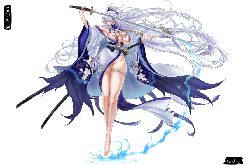1girl absurdly_long_hair absurdres areola_slip azur_lane bare_shoulders barefoot breasts covered_erect_nipples female_pubic_hair full_body gravity_(disasuer) hair_over_one_eye highres holding holding_sword holding_weapon japanese_clothes kimono large_breasts long_hair long_sleeves looking_at_viewer pubic_hair purple_streaks simple_background skindentation solo sword unzen_(azur_lane) very_long_hair weapon white_background white_hair white_kimono wide_sleeves