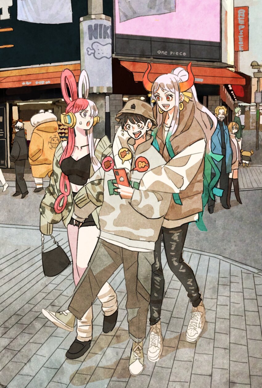 3girls 6+boys antlers bear bepo_(one_piece) blonde_hair blue_coat blue_hair coat commentary_request earrings food full_body green_hair hair_ornament hat headphones heart_pirates_jolly_roger highres holding holding_phone horns hug hug_from_behind jewelry koala_(one_piece) laughing meat monkey_d._luffy multicolored_hair multiple_boys multiple_girls one_piece phone ponytail purple_eyes red_hair reindeer_antlers road roronoa_zoro sabo_(one_piece) scar scar_on_face short_shorts shorts sidelocks smile street sweatdrop takeuchi_ryousuke tony_tony_chopper trafalgar_law two-tone_hair uta_(one_piece) white_hair yamato_(one_piece)