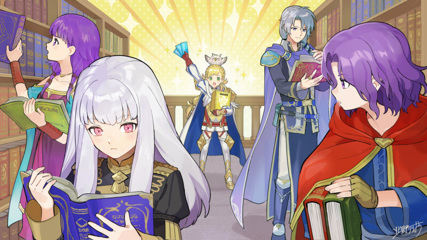 2boys 3girls animal animal_on_head ballot ballot_box bird blonde_hair book bookshelf box cape commentary english_commentary erk_(fire_emblem) feh_(fire_emblem_heroes) fire_emblem fire_emblem:_the_blazing_blade fire_emblem:_the_sacred_stones fire_emblem:_three_houses fire_emblem_heroes green_eyes grey_hair highres holding holding_book holding_box hood hood_down hooded_cape indoors kitano_ririo library long_hair lute_(fire_emblem) lysithea_von_ordelia multiple_boys multiple_girls nintendo official_art on_head owl pent_(fire_emblem) purple_eyes purple_hair reading sharena_(fire_emblem) signature two-sided_cape two-sided_fabric