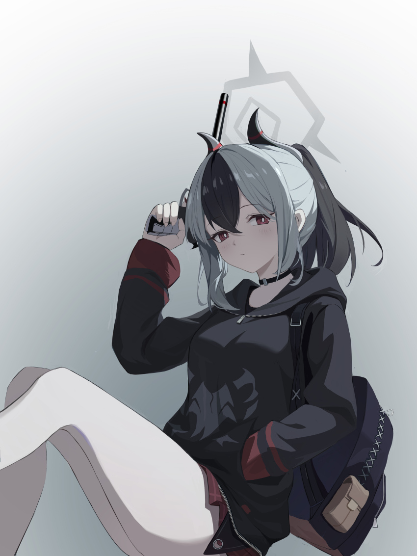 1girl absurdres black_bag black_choker black_hair black_hoodie black_horns blue_archive breasts bright_pupils chinese_commentary choker closed_mouth commentary_request feet_out_of_frame fengshengruyu gradient_background grey_background grey_hair grey_halo gun halo hand_in_pocket hand_up handgun highres holding holding_gun holding_weapon hood hoodie horns kayoko_(blue_archive) long_sleeves looking_at_viewer medium_breasts ponytail red_eyes solo thighs weapon white_pupils
