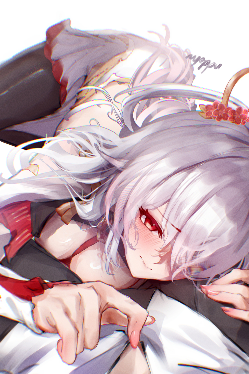 1boy 1girl black_pants black_pantyhose blush breasts captain_(honkai_impact) chromatic_aberration closed_mouth commentary dress english_commentary flower hair_flower hair_ornament highres honkai_(series) honkai_impact_3rd large_breasts long_hair looking_at_viewer nyeppu official_alternate_costume paid_reward_available pants pantyhose pov red_eyes red_flower shirt signature simple_background solo_focus theresa_apocalypse theresa_apocalypse_(luna_kindred) theresa_apocalypse_(lunar_vow:_crimson_love) theresa_apocalypse_(redolent_in_red) white_background white_dress white_hair white_shirt