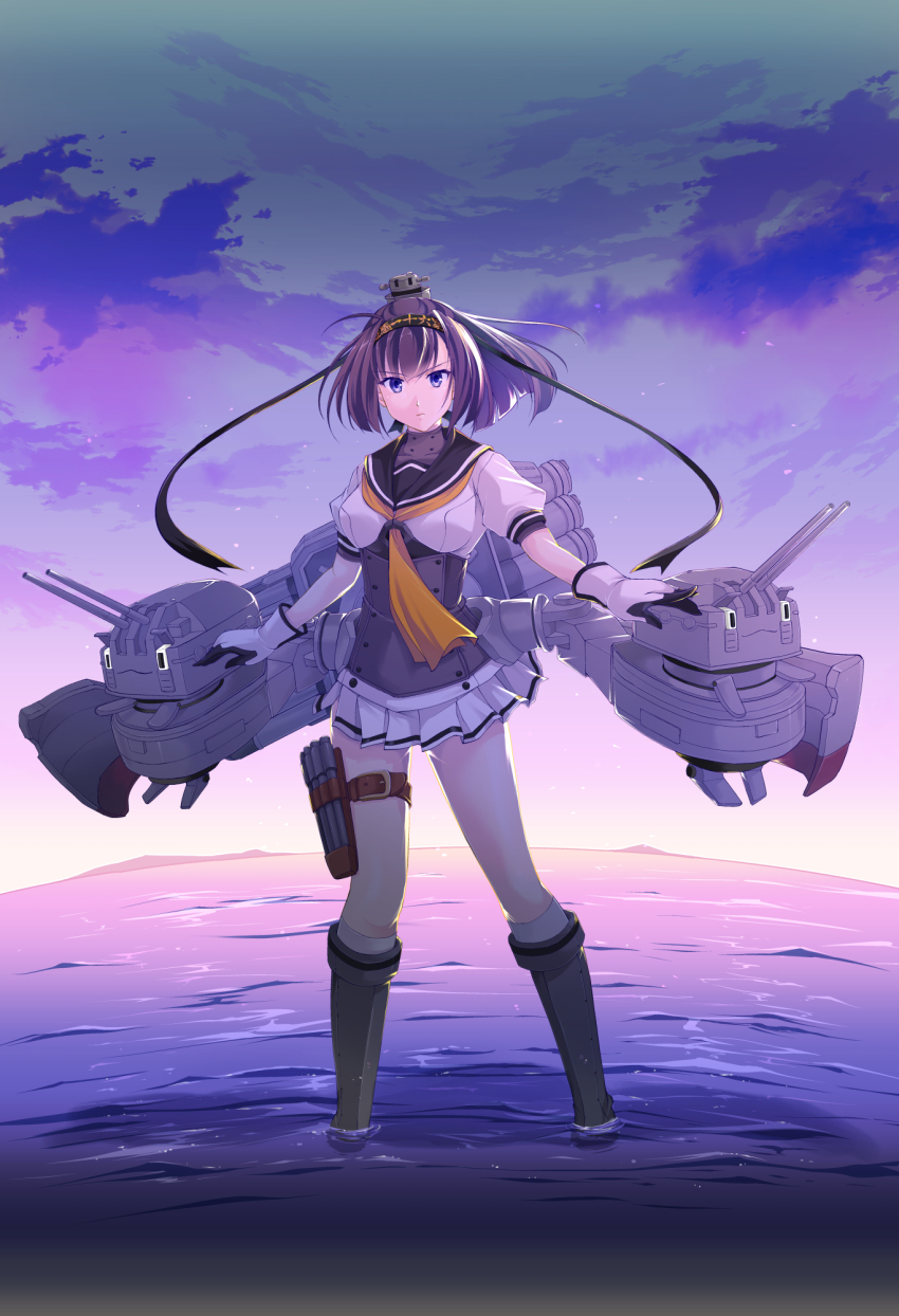 1girl ahoge akizuki_(kancolle) black_hair black_headband black_sailor_collar blue_eyes blush boots breasts chou-10cm-hou-chan chou-10cm-hou-chan_(akizuki&#039;s) clothes_writing corset gloves grey_boots hachimaki hair_flaps hair_ornament hairband headband headgear highres kantai_collection looking_at_viewer machinery map_(blue_catty) neckerchief ocean open_mouth orange_neckerchief pleated_skirt ponytail sailor_collar school_uniform serafuku ship_turret short_hair skirt sky smile solo water white_skirt yellow_neckerchief