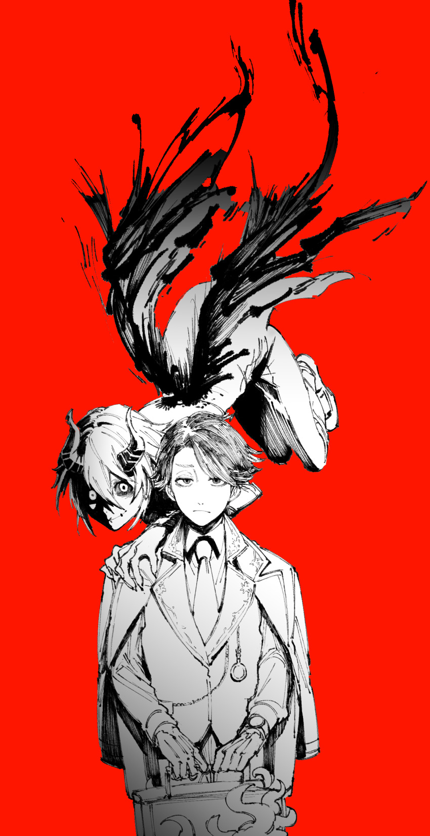2boys absurdres aesop_carl aesop_carl_(trickster) black_sclera briefcase bububuki colored_sclera demon_horns fingernails floating frown gloves hands_on_another&#039;s_shoulders highres holding holding_briefcase horns identity_v jacket jacket_on_shoulders lapels looking_at_viewer male_focus multiple_boys necktie official_alternate_costume partially_colored partially_shaded_face red_background sharp_fingernails smile stitched_mouth stitches straight-on tentacles victor_grantz victor_grantz_(keyboard) watch wristwatch
