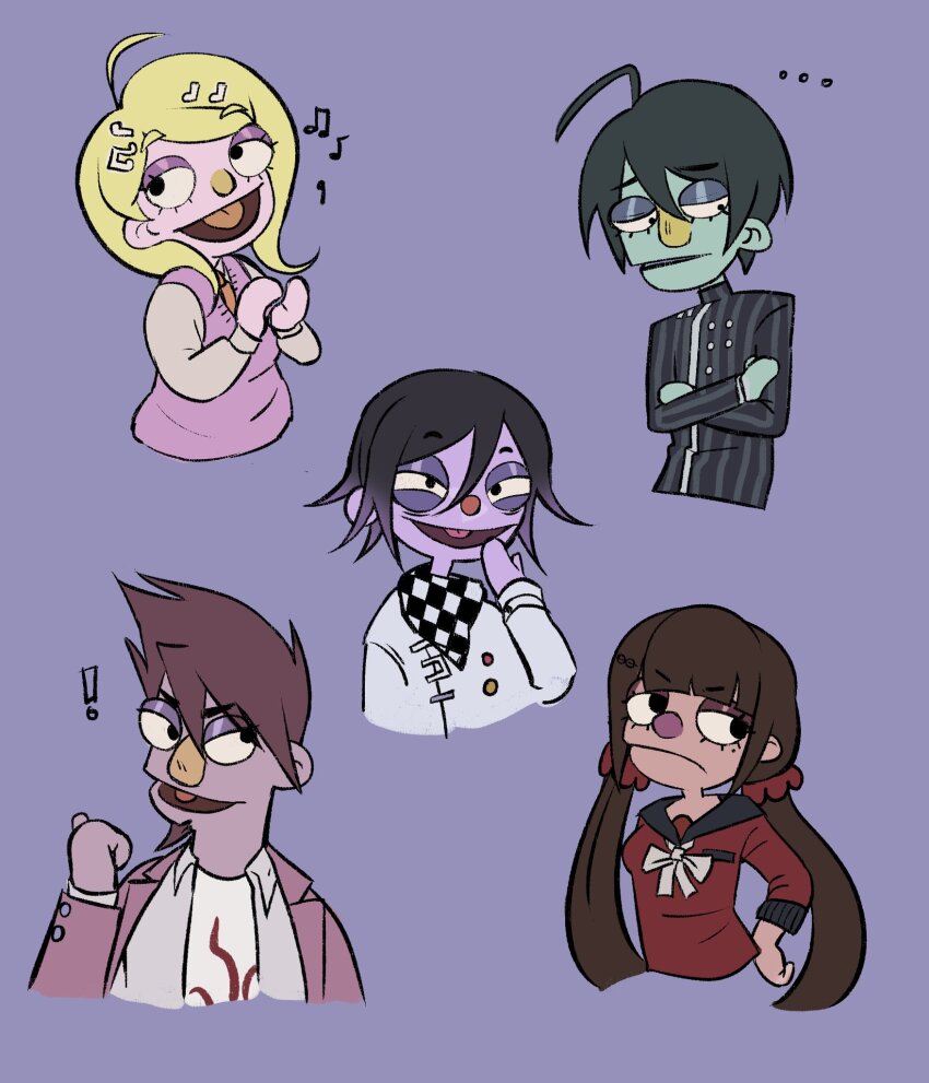 ! ... 2girls 3boys ahoge akamatsu_kaede black_eyes black_hair black_jacket blonde_hair blunt_bangs bow bowtie brown_hair buttons checkered_clothes checkered_scarf chez_(gooselover) colored_skin commentary cropped_torso crossed_arms danganronpa_(series) danganronpa_v3:_killing_harmony english_commentary evil_grin evil_smile eyelashes facial_hair flipped_hair fortissimo goatee grin hair_between_eyes hair_ornament hair_scrunchie hand_on_own_hip harukawa_maki highres jacket long_hair long_sleeves low_twintails mole mole_under_eye momota_kaito multiple_boys multiple_girls muppets musical_note musical_note_hair_ornament narrowed_eyes necktie oma_kokichi open_clothes open_mouth parody pink_sweater_vest pink_vest purple_background purple_eyes purple_facial_hair purple_hair red_scrunchie red_shirt saihara_shuichi sailor_collar scarf school_uniform scrunchie shirt short_hair simple_background smile spiked_hair striped_clothes striped_jacket style_parody sweater_vest tongue toon_(style) twintails two-tone_scarf upper_body vertical-striped_clothes vertical-striped_jacket vest white_bow white_bowtie white_shirt