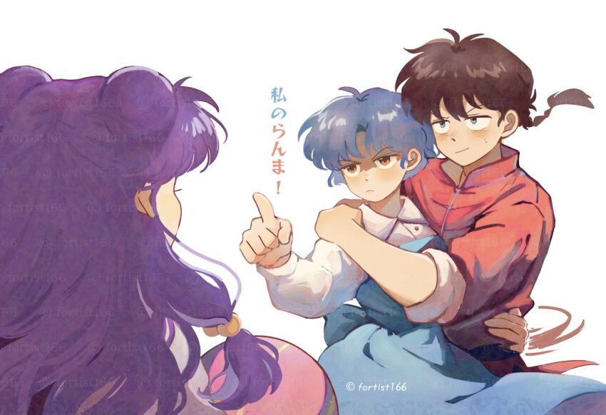 1boy 2girls artist_name bell black_hair blue_dress blue_hair blush braid brown_eyes carrying carrying_person chinese_clothes commentary double_bun dress english_commentary fortist_166 fuurinkan_high_school_uniform hair_bell hair_bun hair_ornament long_hair long_sleeves meme multiple_girls pinafore_dress protected_kevin_hart_(meme) purple_hair ranma_1/2 saotome_ranma school_uniform shampoo_(ranma_1/2) shirt short_hair sleeveless sleeveless_dress tangzhuang tendou_akane translated white_shirt
