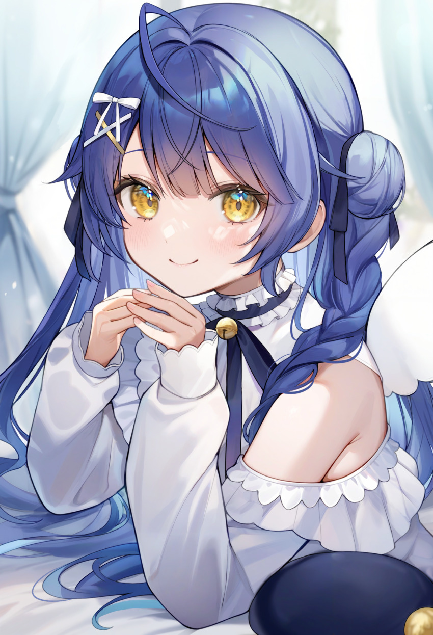 1girl ahoge alternate_costume alternate_hairstyle amamiya_kokoro aria_(ariacue) bare_shoulders bell black_ribbon blue_hair braid closed_mouth clothing_cutout commentary_request curtains double_bun frilled_shirt frilled_shirt_collar frills hair_bun hair_intakes hair_ornament hairclip highres indoors jingle_bell long_hair long_sleeves looking_at_viewer lying neck_bell neck_ribbon nijisanji on_stomach ribbon shirt shoulder_cutout side_braid side_up_bun sleeves_past_wrists smile solo twin_braids virtual_youtuber white_shirt white_wings wings x_hair_ornament yellow_eyes
