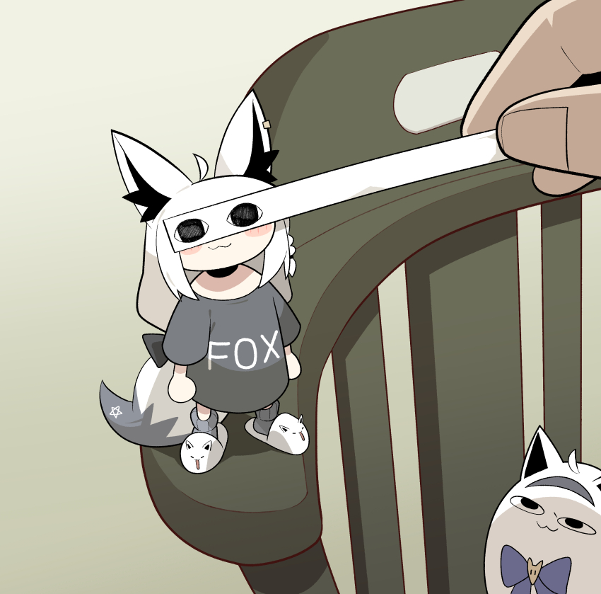 &lt;o&gt;_&lt;o&gt; 1girl :3 absurdres ahoge animal_ear_fluff animal_ears black_shirt black_socks blush chair clothes_writing cocomayo29_(tomato) commentary_request fox_ears fox_girl fox_tail highres hololive korean_commentary looking_at_another mini_person minigirl miteiru_(shirakami_fubuki) oversized_clothes oversized_shirt photo-referenced shirakami_fubuki shirt slippers socks solo standing tail virtual_youtuber white_hair white_slippers