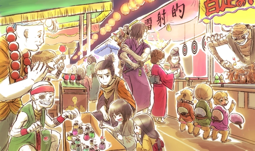 3girls 6+boys :d anayama_the_peddler animal armor ashina_genichirou bald bandaged_arm bandaged_head bandages bead_necklace beads black_eyes black_hair bob_cut candy_apple commentary_request cup divine_child_of_rejuvenation electricity emma_the_gentle_blade eyepatch facial_hair festival folding_screen_monkeys food gourd green_robe grey_kimono grin hair_bun hand_fan hands_up hat headband highres holding holding_food holding_sword holding_weapon invisible japanese_armor japanese_clothes jewelry katana kimono kotaro_(sekiro) kuro_the_divine_heir lantern long_arm_centipede_sen-un long_hair long_sleeves looking_at_another looking_at_viewer market_stall monkey multiple_boys multiple_girls mustache necklace night obi one_eye_covered open_mouth orange_robe outdoors paper_fan paper_lantern pen_(mipe) pink_kimono ponytail price_tag purple_kimono purple_robe red_headband robe rolling_sleeves_up sandals sash scar scar_on_face scarf scratching_head sekiro sekiro:_shadows_die_twice short_hair short_ponytail shoulder_armor single_hair_bun sleeveless smile sode squatting standing stubble sword target uchiwa updo weapon wide_sleeves yakisoba yellow_kimono