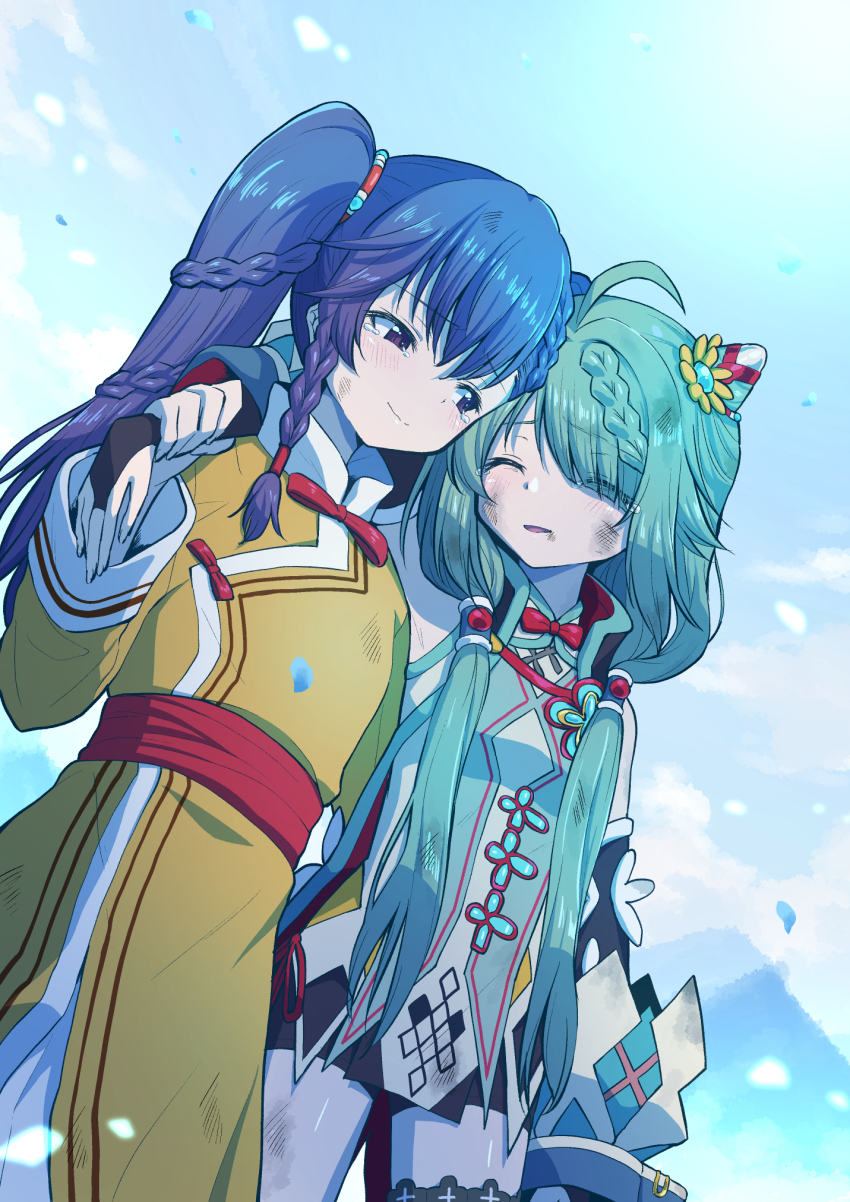 2girls ahoge arm_over_head blue_background braid closed_eyes closed_mouth cone_hair_bun cowboy_shot dirty dirty_face dolma_(madoka_magica) double_bun green_hair hair_bun heruka_(madoka_magica) highres long_hair long_sleeves looking_at_another low_twintails magia_record:_mahou_shoujo_madoka_magica_gaiden magical_girl mahou_shoujo_madoka_magica multiple_girls open_mouth outdoors petals purple_eyes purple_hair sad_smile smile standing sun tearing_up tibetan_clothes touyu_(yuruyuruto) tunic twintails yellow_tunic