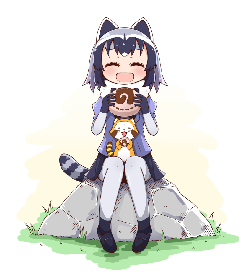 10s :3 :d =_= ^_^ animal animal_ears araiguma_rascal black_footwear black_gloves black_hair black_skirt blue_shirt blush closed_eyes common_raccoon_(kemono_friends) crossover closed_eyes food full_body fur_collar gloves grass grey_legwear highres holding holding_food japari_bun kemono_friends knees_together_feet_apart loafers multicolored_hair open_mouth pantyhose pleated_skirt puffy_short_sleeves puffy_sleeves raccoon raccoon_ears raccoon_tail rascal_(araiguma_rascal) rock shirt shoes short_sleeves sitting skirt smile striped_tail tail thick_eyebrows toshi_mellow-pretty white_background white_hair