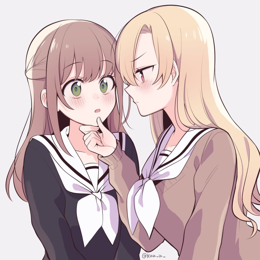 2girls black_serafuku blonde_hair blush brown_hair brown_sweater closed_mouth green_eyes half-closed_eyes hand_on_another&#039;s_chin highres hiyama_yurina kimura_honoka kuu_(abc823) long_hair long_sleeves looking_at_another multiple_girls neckerchief parted_lips pink_eyes school_uniform serafuku serious shoujo_manga_shujinkou_x_rival-san surprised sweater twitter_username white_background white_neckerchief yuri