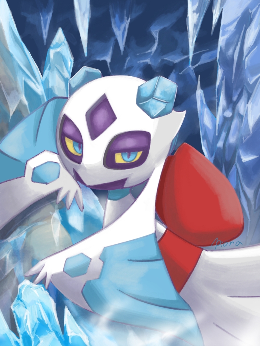 1other arm_hug artist_name back_bow blue_eyes bow cave colored_sclera encasement froslass frost frozen game_freak gen_4_pokemon half-closed_eyes hand_up highres ice looking_at_viewer nintendo obi piora pokemon pokemon_(creature) sash signature solo_focus yellow_sclera