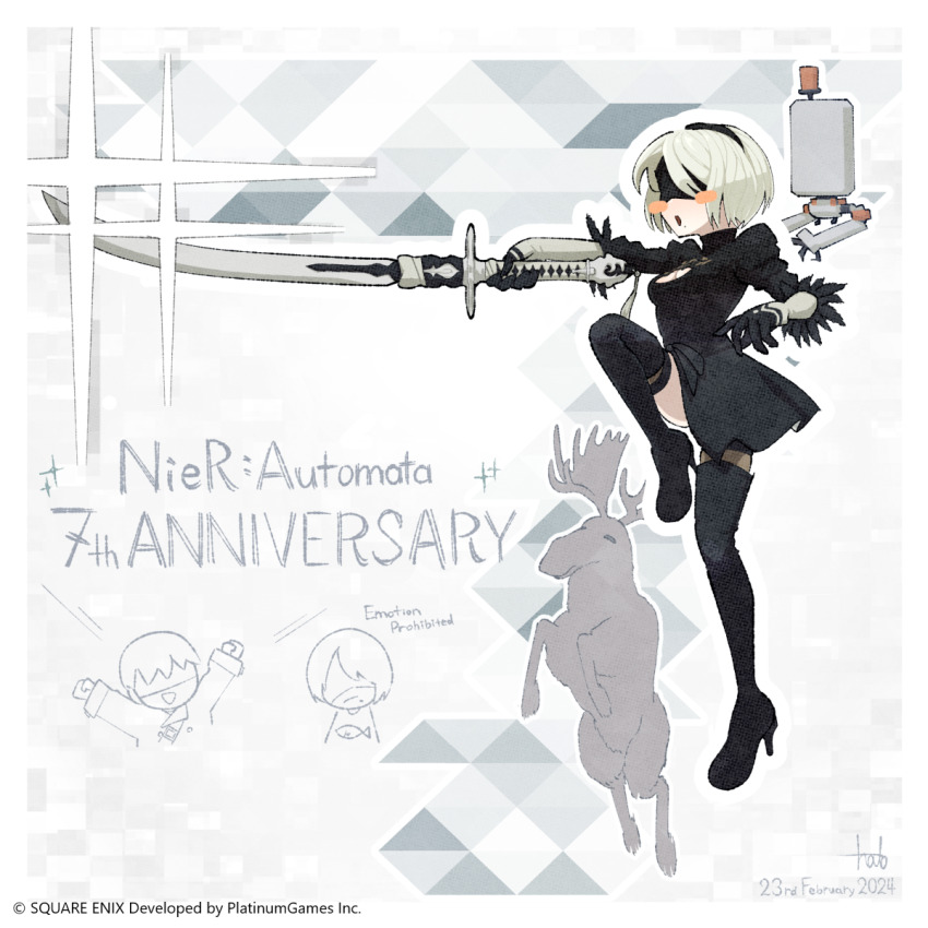 1boy 1girl 2b_(nier:automata) a2_(nier:automata) anniversary black_dress black_hairband blindfold blush boots chibi dress full_body hairband high_heel_boots high_heels highres holding holding_sword holding_weapon moose nier:automata nier_(series) official_art open_mouth pod_(nier:automata) seki_hayato smile sword thigh_boots virtuous_contract weapon