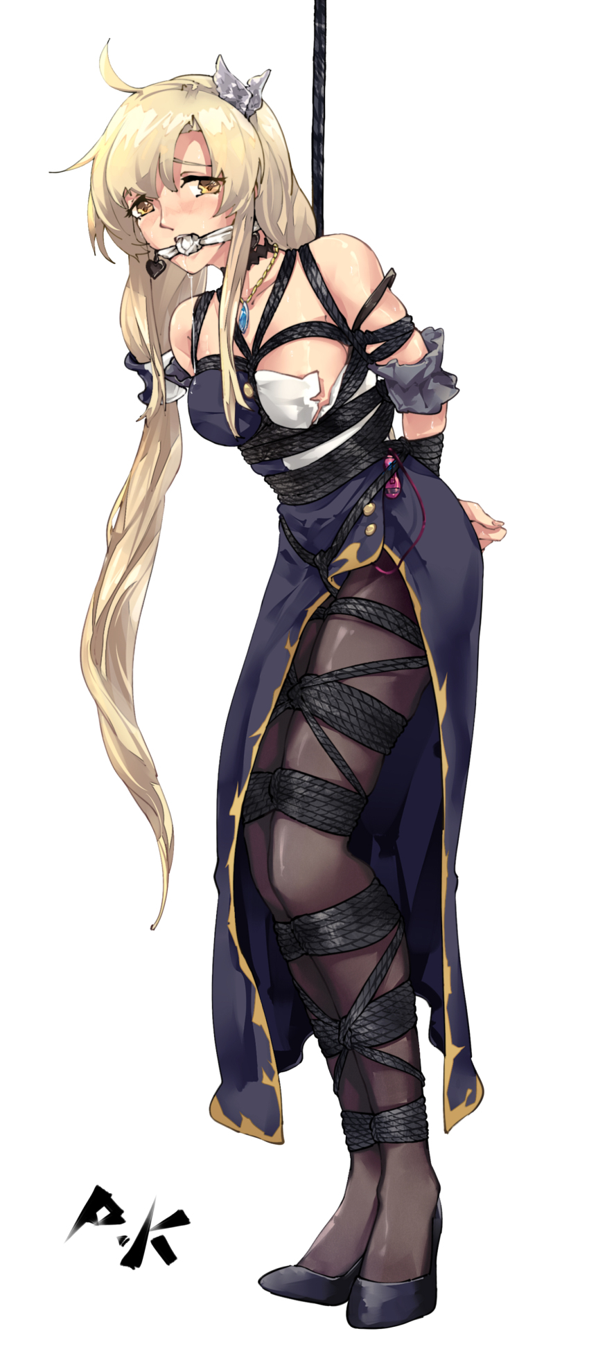 1girl absurdres ahoge bdsm black_pantyhose blonde_hair bondage bound cloth_gag full_body gag gagged hair_ornament highres improvised_gag langrisser langrisser_ii long_braid pantyhose pick&#039;k restrained riana_(langrisser) sex_toy shibari solo torn_clothes vibrator yellow_eyes