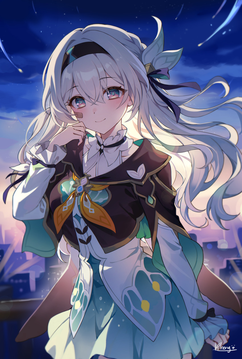 1girl absurdres balcony black_hairband black_jacket blue_eyes blue_skirt bow closed_mouth commentary cropped_jacket dress firefly_(honkai:_star_rail) hair_between_eyes hair_bow hairband hand_up highres honkai:_star_rail honkai_(series) jacket kheng_(k_heng1223) long_hair long_sleeves looking_at_viewer multicolored_eyes pink_eyes signature skirt smile solo very_long_hair white_dress